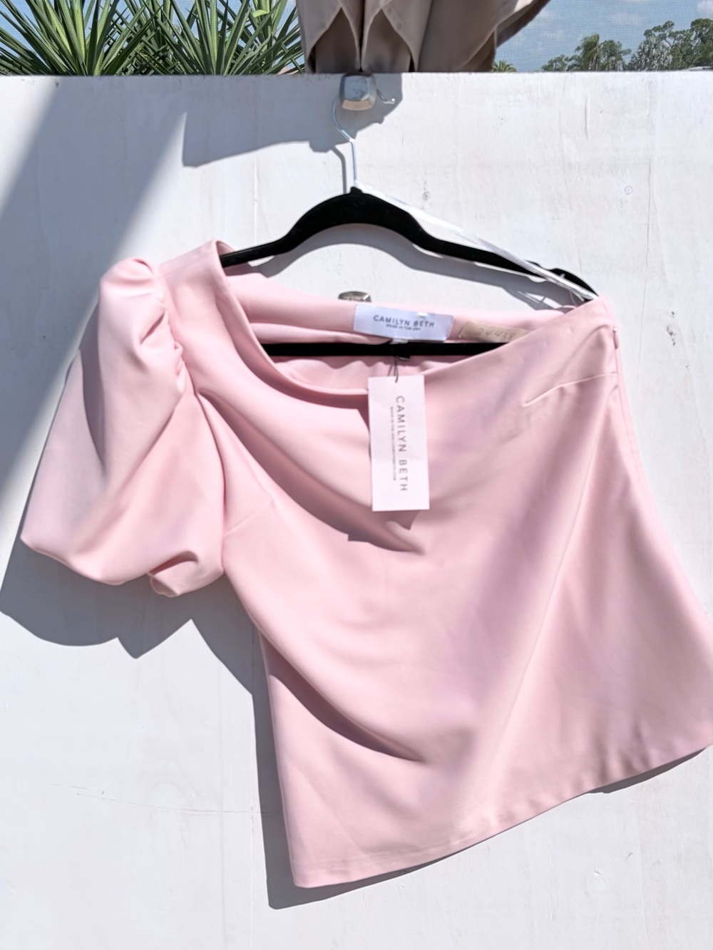 Camlyn Beth One-Shoulder Puff Sleeve Top in Blush Pink Feminine Date Night S